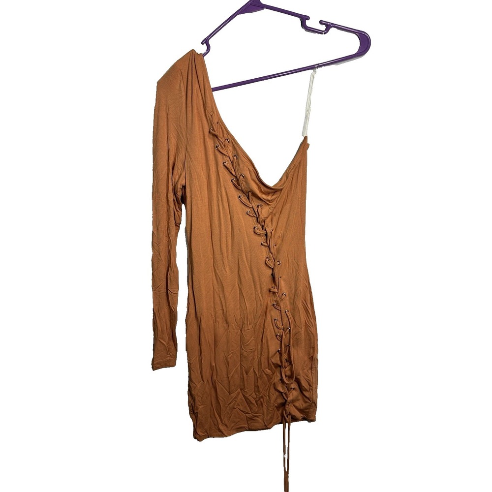 miss 8 womens one shoulder long sleeve one arm dress burnt orange size medium